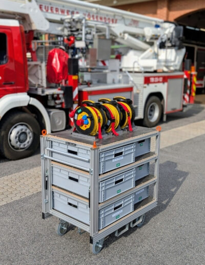 Feuerwehr Rollcontainer Strom mit mobiler Stromversorgungsausrüstung – bereit für den Einsatz bei Stromausfall.